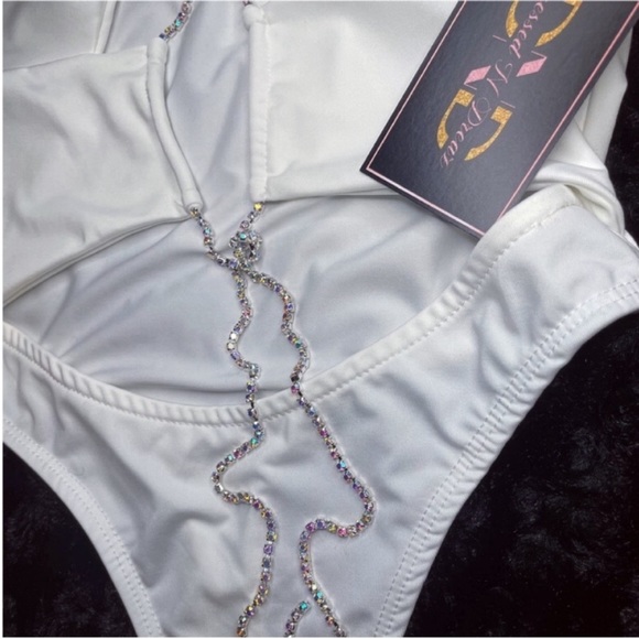 "Let's Rhine Down" White Thong
Bodysuit with Rhinestone Tie Front - S, M & Large - Picture 3 of 3